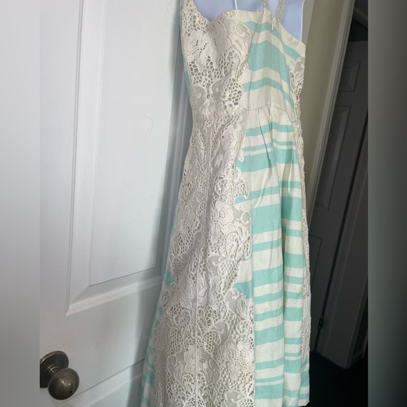 Anthropologie Moulinette Soeurs Sea Isle Dress Sz 8 Mint/IvoryStripe Lace V Nck - Picture 4 of 13
